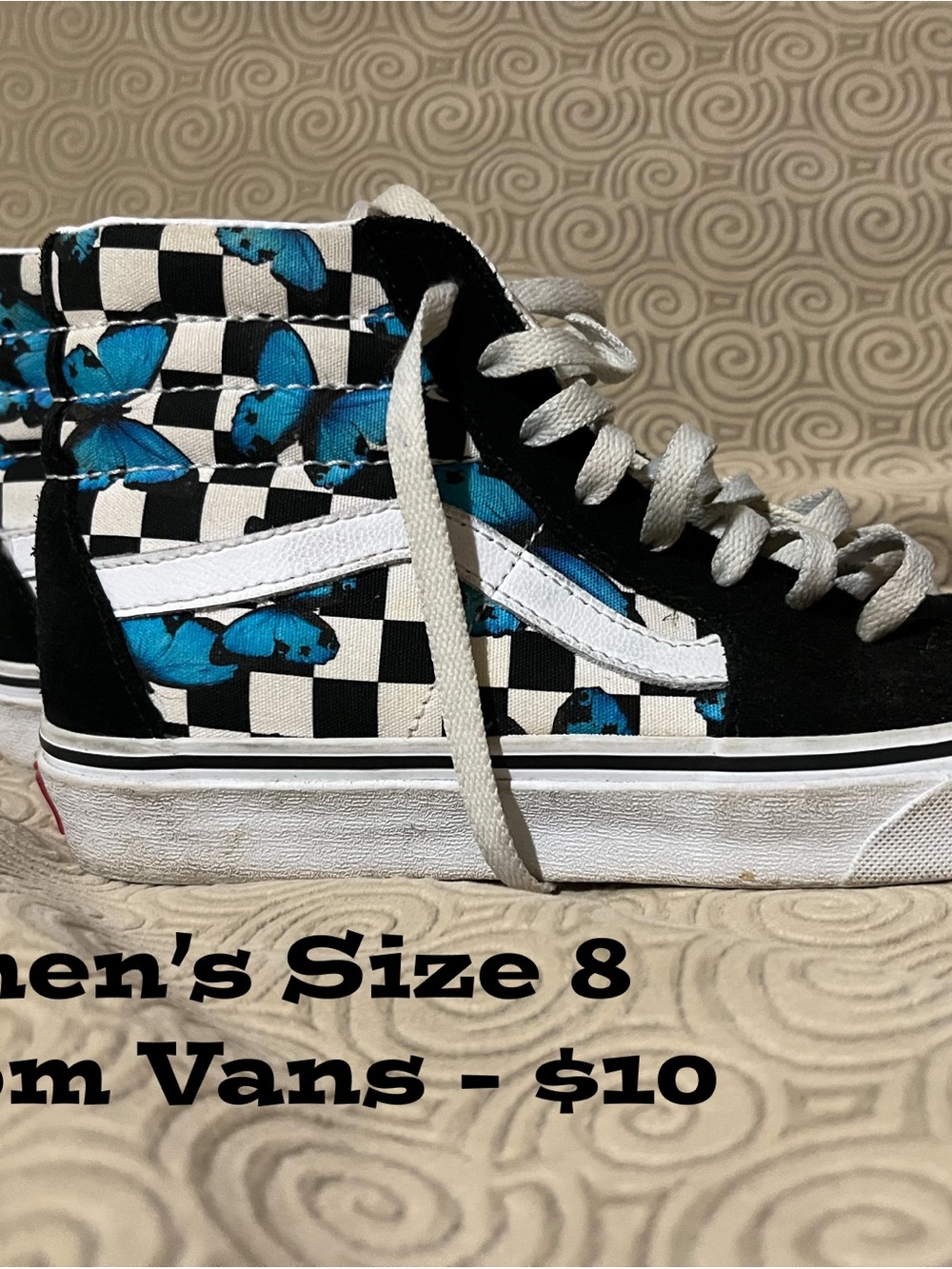 Vans Kids High-Top Checkerboard Sneakers with Blue Butterfly Accents